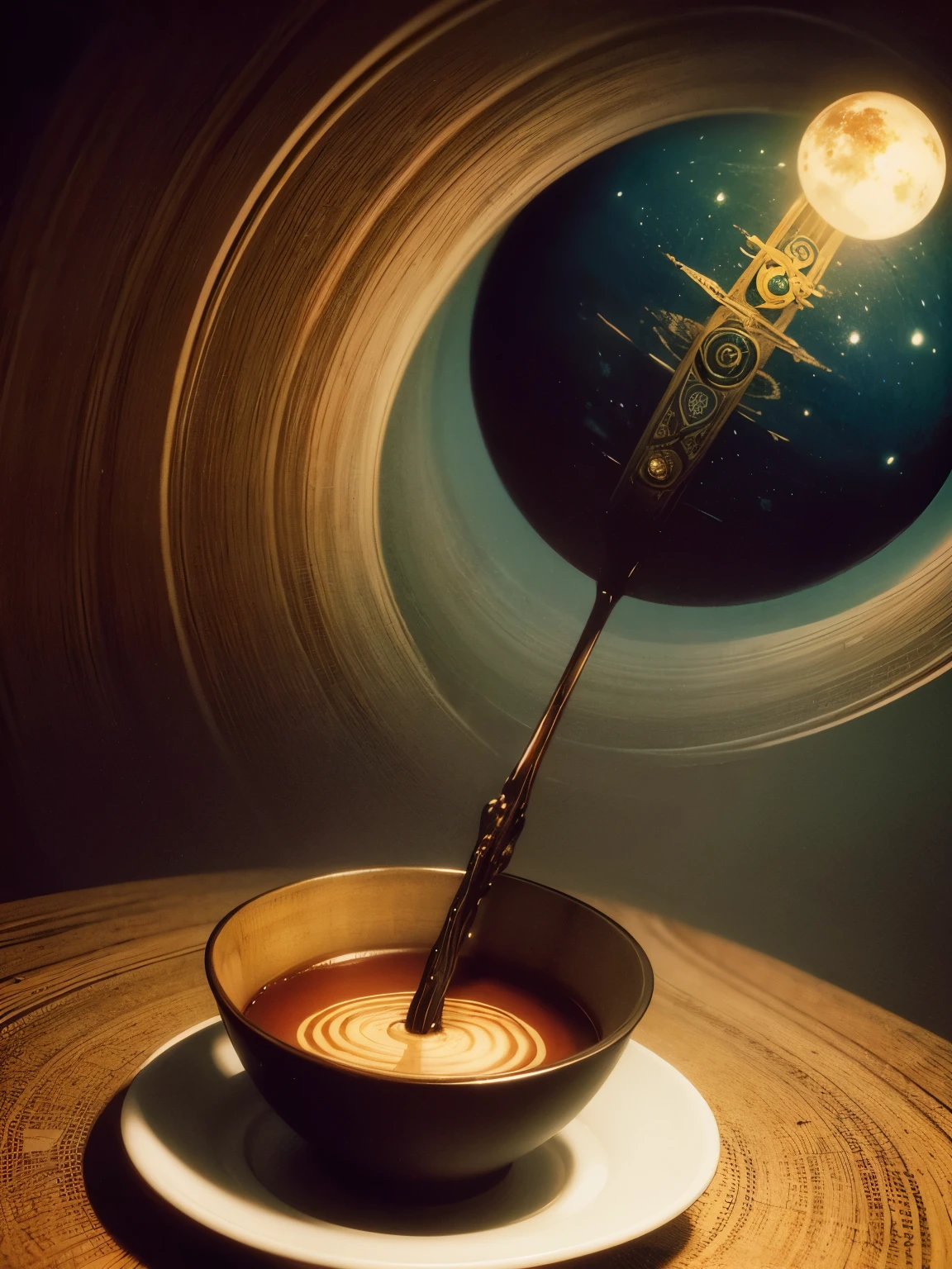 Shigeru Tamura, Remedios Varo, Surreal, mysterious, strange, fantastical, fantasy, Sci-fi, Japanese anime, Saturn floating in a coffee cup, detailed masterpiece
