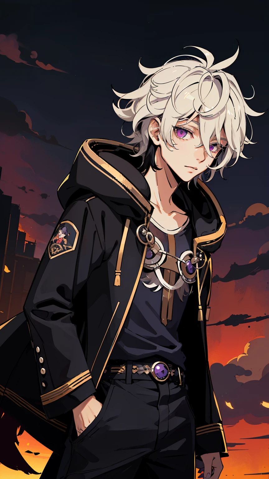 (high-quality, breathtaking),(expressive eyes, perfect face) 1male, nale , solo, young adult, short hair length, wavy curly hair, messy hair, white and black hair color, deep purple eye color, background, music, mature, haunting twilight background, armor, slightly narrow eyes, hooded jacket, shirt, pants
