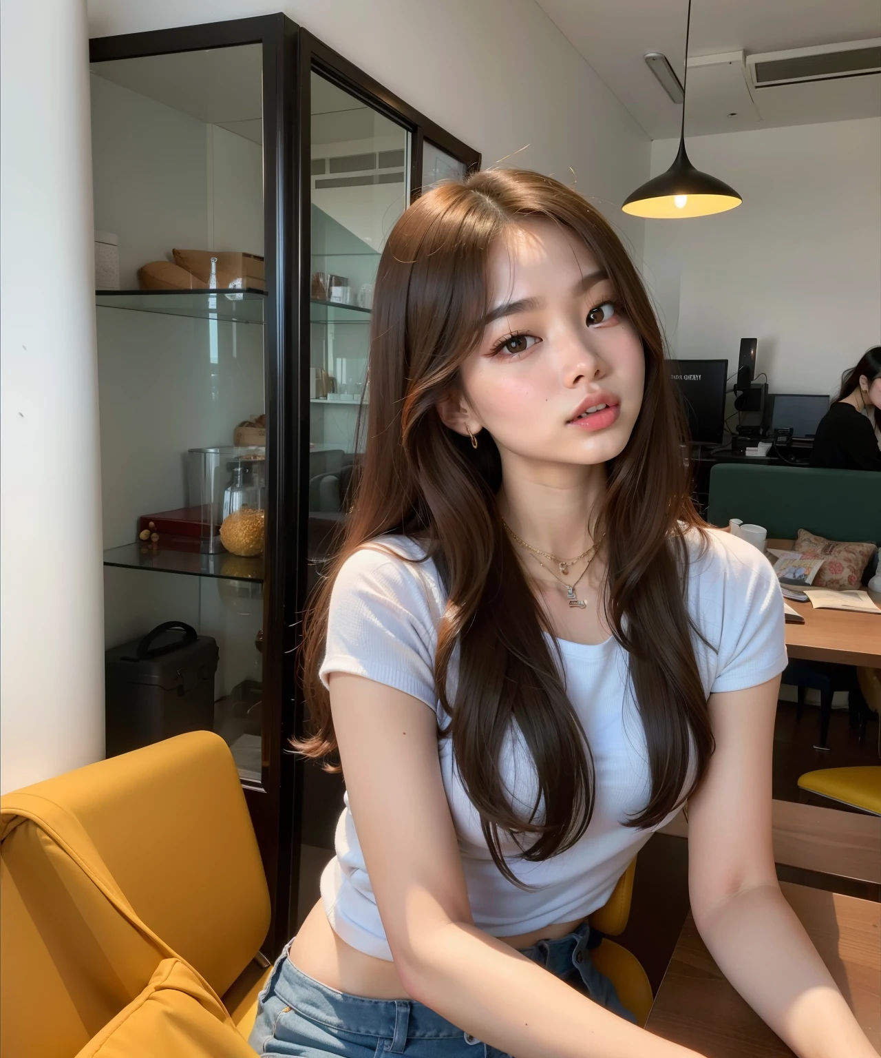 araffe woman sitting on a sofa in a room with a yellow chair, gorgeous young mulher coreana, beautiful young mulher coreana, beautiful south mulher coreana, coreana, Jennie Kim Blackpink, menina anos, young lovely korean face, a young Asian woman, Jennie, sakimichan, mulher coreana, jennie blackpink