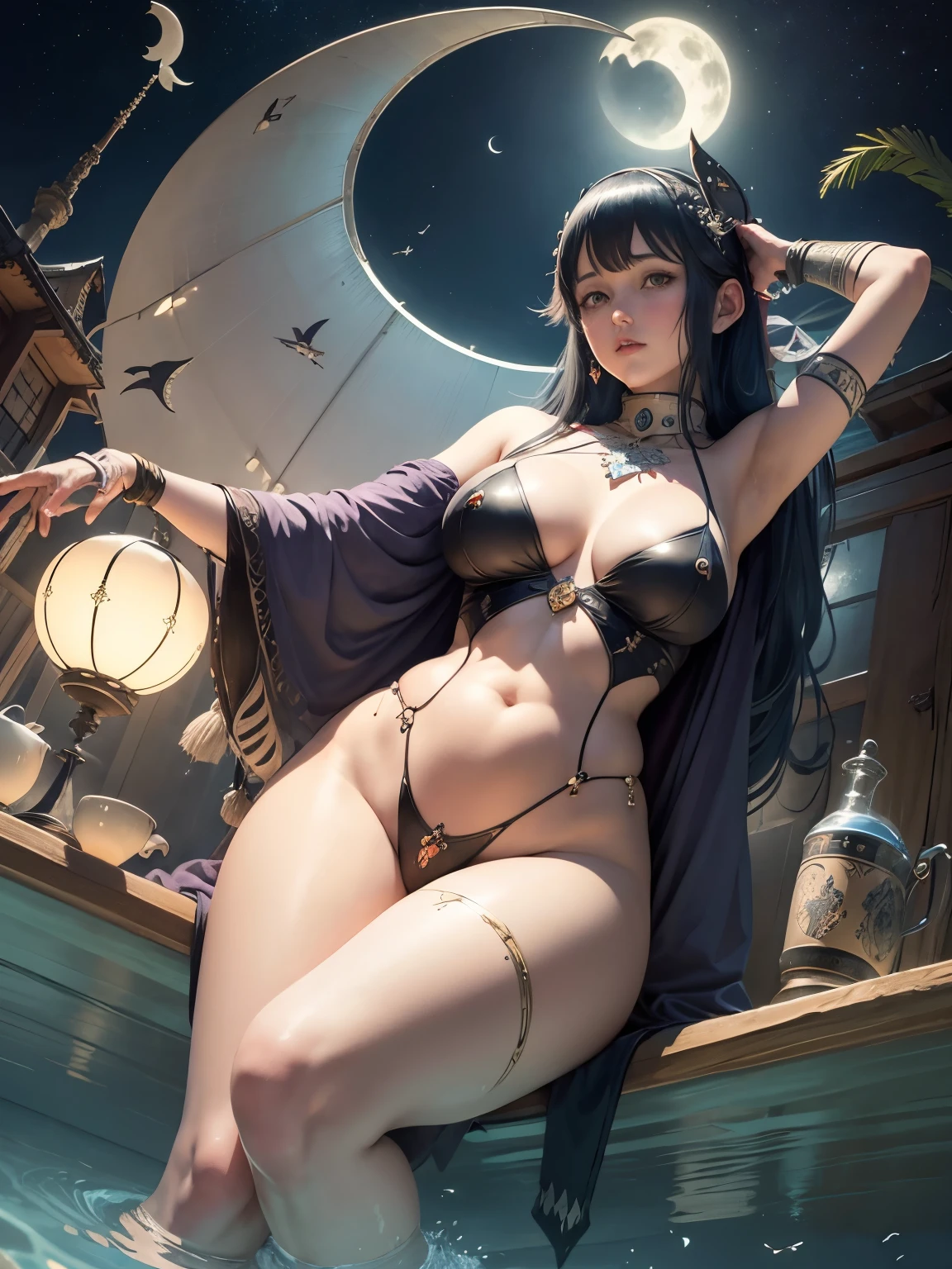 Heath Robinson, Kurt Schwitters , Surreal, mysterious, strange, fantastical, fantasy, Sci-fi, Japanese anime, swimming elephant, floating crescent moon, flying lady, detailed masterpiece hyper realistic