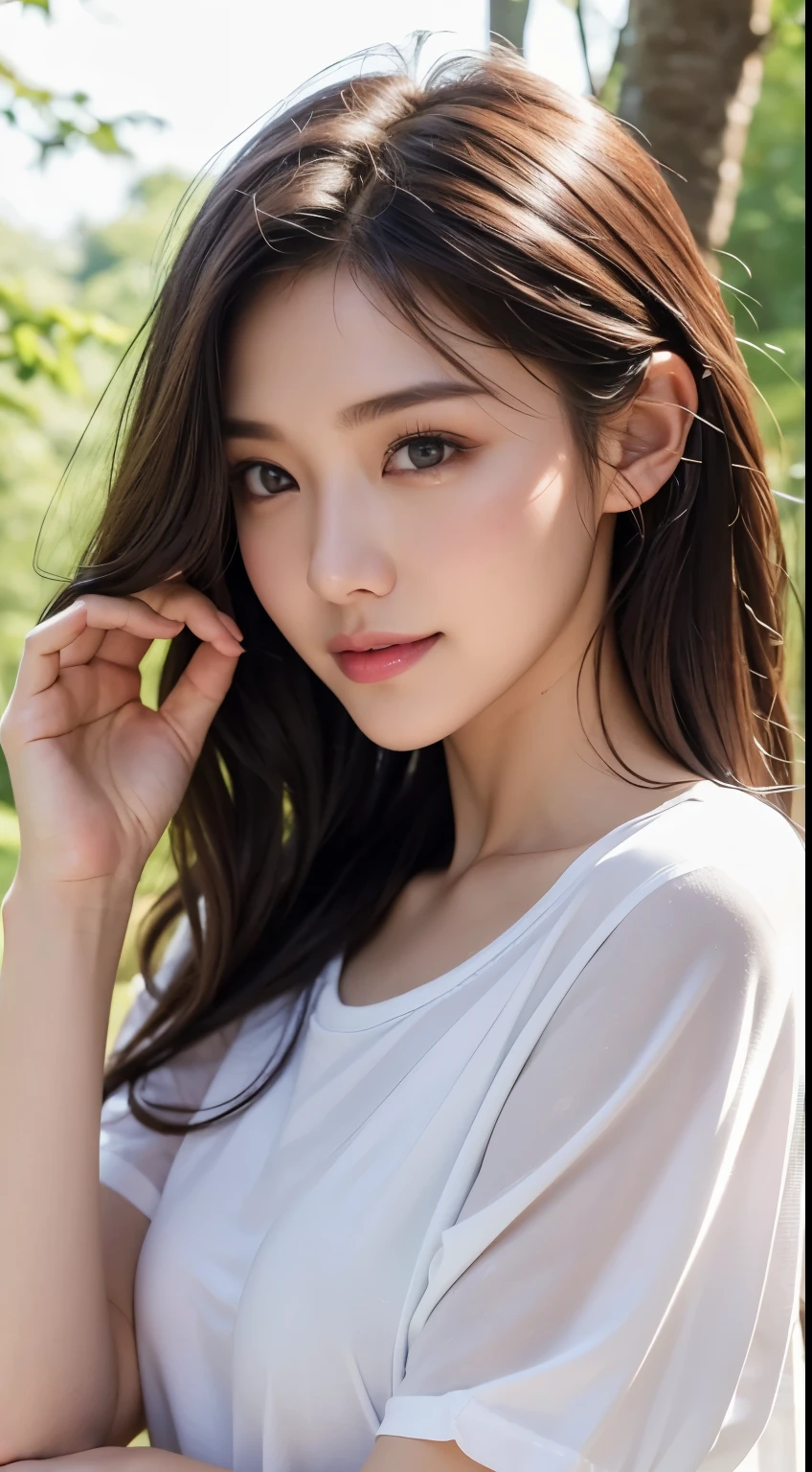 ((Asians in the forest at night)), Beautiful, slender, Cute, 30s, Beautiful face, Beautiful skin, actress, Mature, Upper body, light brown hair, Fine hair, Live action, masutepiece, Best Quality, Very elaborate CG Unity 8K wallpaper, Ultra high definition, Casual Fashion, Lighting, Summer Fashion, (Natural brown hair: 0.8), (Puffy eyes), looking at audience, Turn around, Bleach Hair, model poses, White background, Delicate skin type, Fine curly hair, Hands around the mouth, White T-shirt, Hair model photography, A smile、