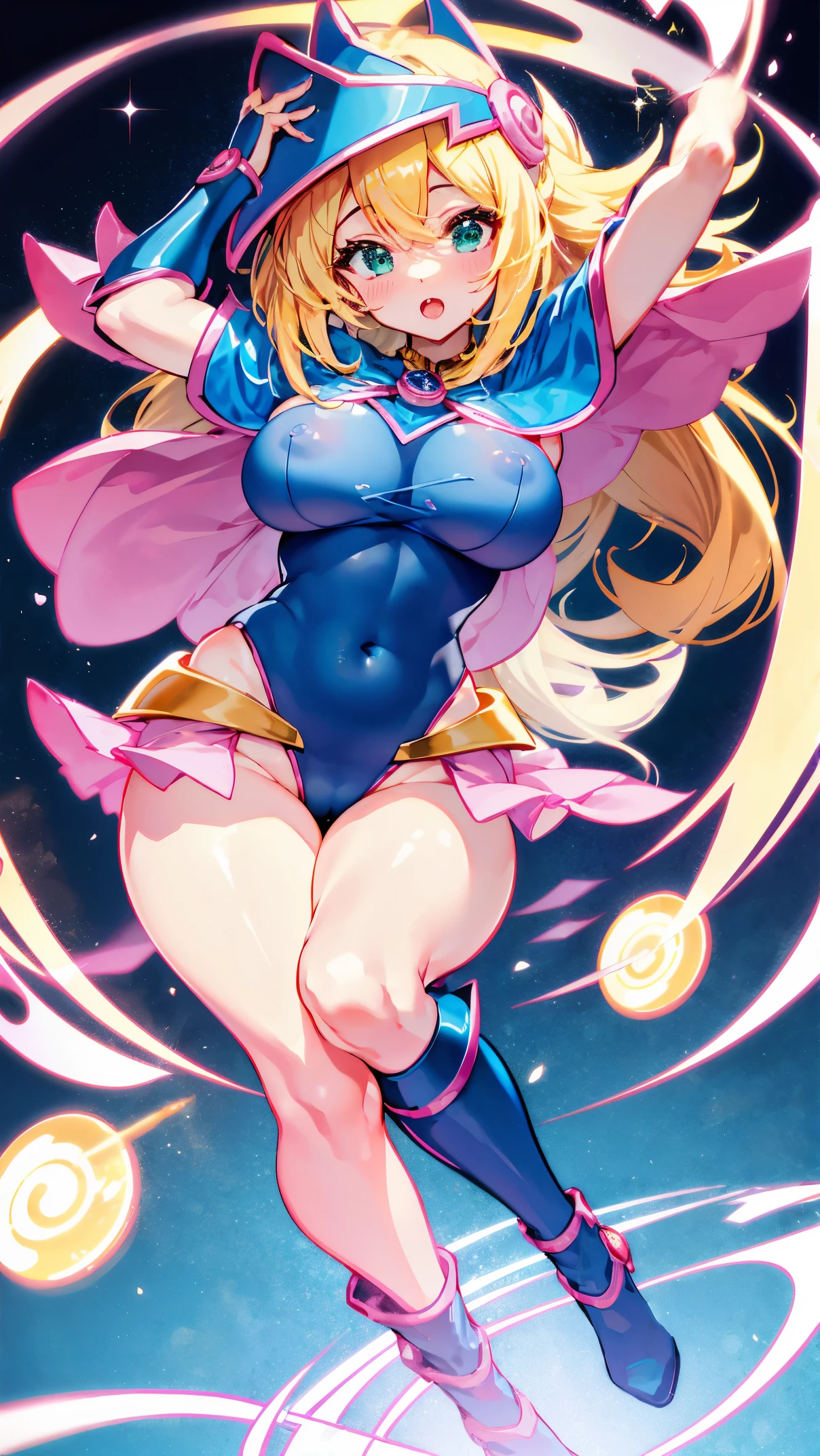 Black Magician Girl、super breasts、thick thighs、blonde hair、magic circle、8K, 4k, highest quality, High resolution: 1.2)、Nipples exposed、cute anime face、Pink blush on cheeks、noise removal、Leotard that bites into、Turning around、full body portrait、T-back that digs into your butt、Glowing green eyes、Laughter、遊戯王