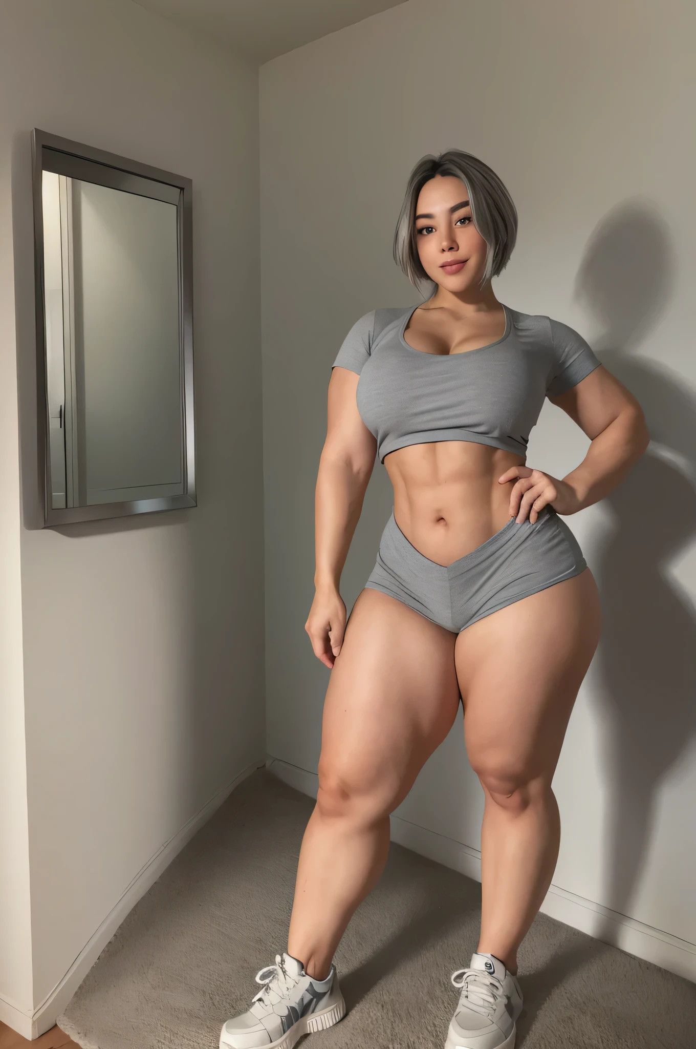 thick fit 21 years female, muscular, head to toe shot, in sneakers. standing, facing camera, short grey hair, wearing tight sexy shorts and top, standing straight, masterpiece, anatomically correct. Full body shot, muscular legs