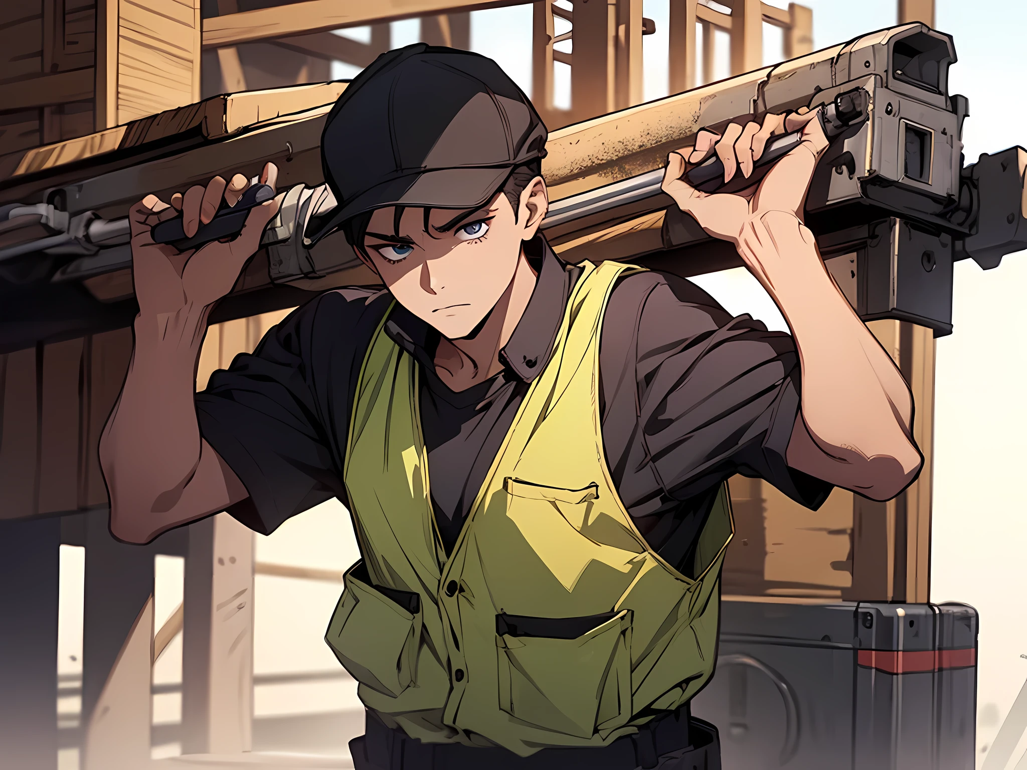 1 man, construction workers outfit with yellow construction vest, holding a pickaxe, navy hair, short hair, black eye color, face to detail, detailed eyes, exhausted expression, the background is construction area, full-body illustration