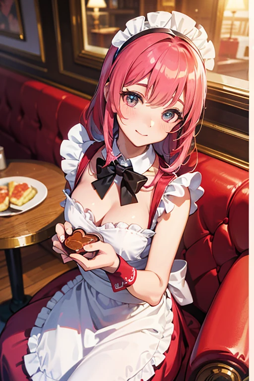 3d realistic, Full of vibrant energy and bursting with movement, this high-resolution image captures the enchanting atmosphere of a lively café, bathed in hues of pink. In the center of the scene, a maid dressed in a traditional, red and white checkered apron and cap, lovingly extends a box of Scrumptious Valentine's Day chocolates towards you. Her sparkling eyes engage with the camera, inviting you into this charming moment. Each element in the scene is meticulously crafted, revealing intricate textures and rich expressions that bring the image to life. From the plush, velvet seats to the delicate embroidery on the maid'