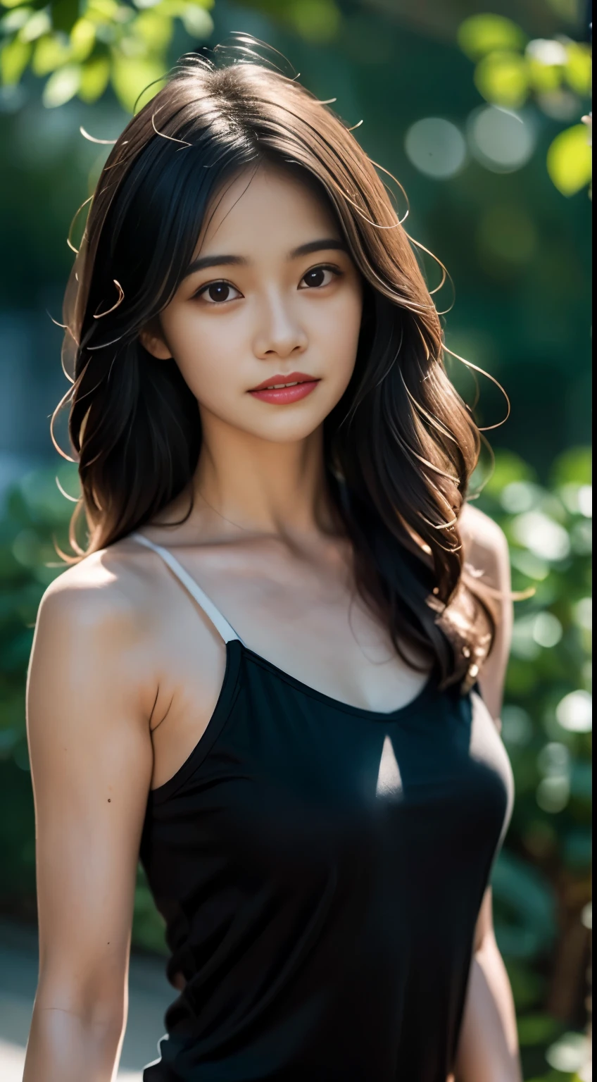 Beautiful Thai woman, 25 years old, with a clearly focused face., Her long ponytail flowed up.,Chest 36 inches “Dark blue tank top., Looking straight at you intently, with red flowers, ชนบทท้องฟ้ากลางคืนสว่างWarm light,) Warm light,) professional lighting, Sony A7R4, 50mm sessile lens. Warm light ถ่ายด้วยกล้องคุณภาพสูง 45,000,000,000,Pixels, realistic light colors,