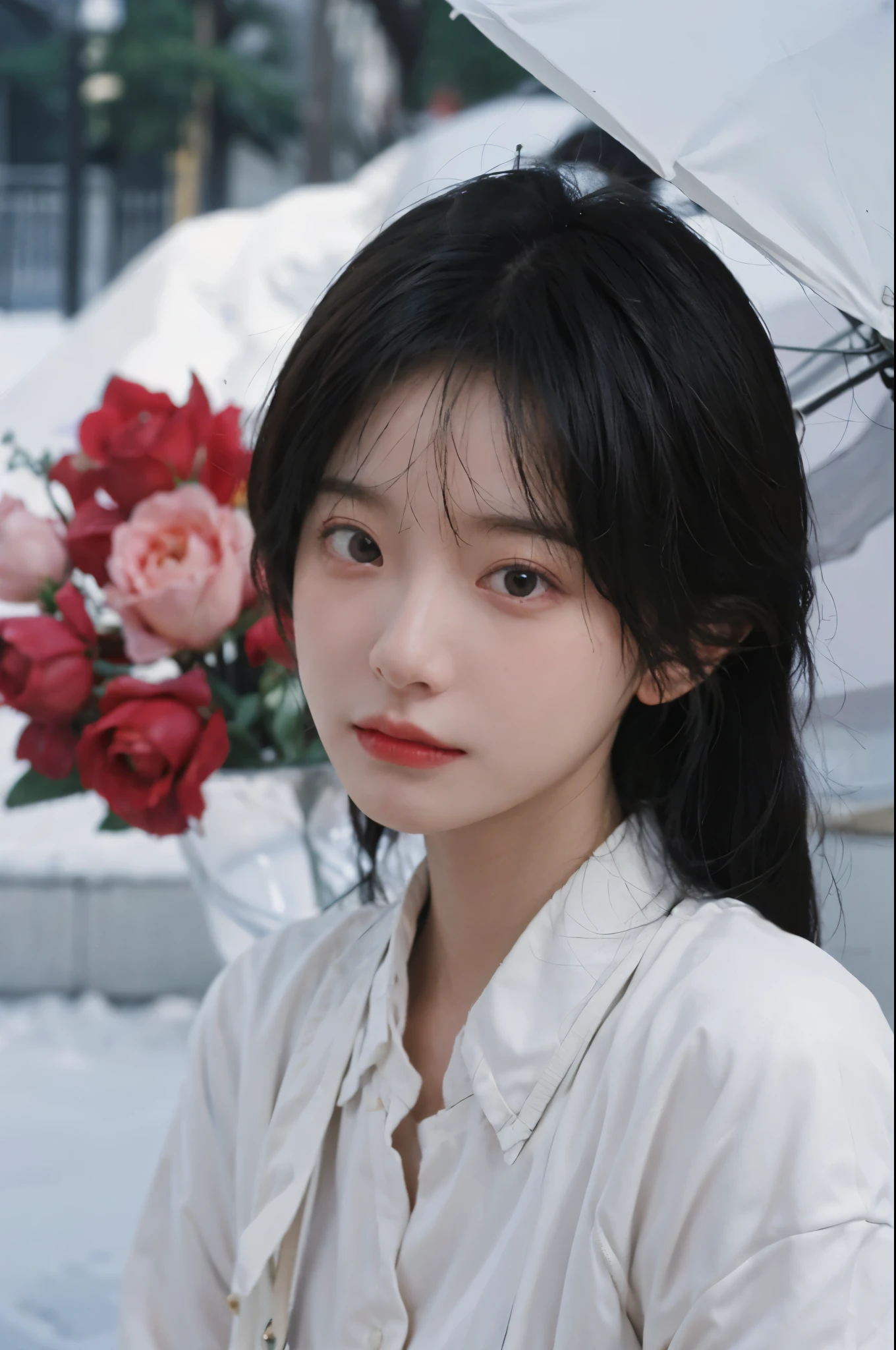 best quality， ultra high resolution， White background，（realistically：1.4）， 2 girls， White leather clothes，twin? rose rain，A pair of eyes as clear as snow,Royal sister，looking at the audience， close up ，