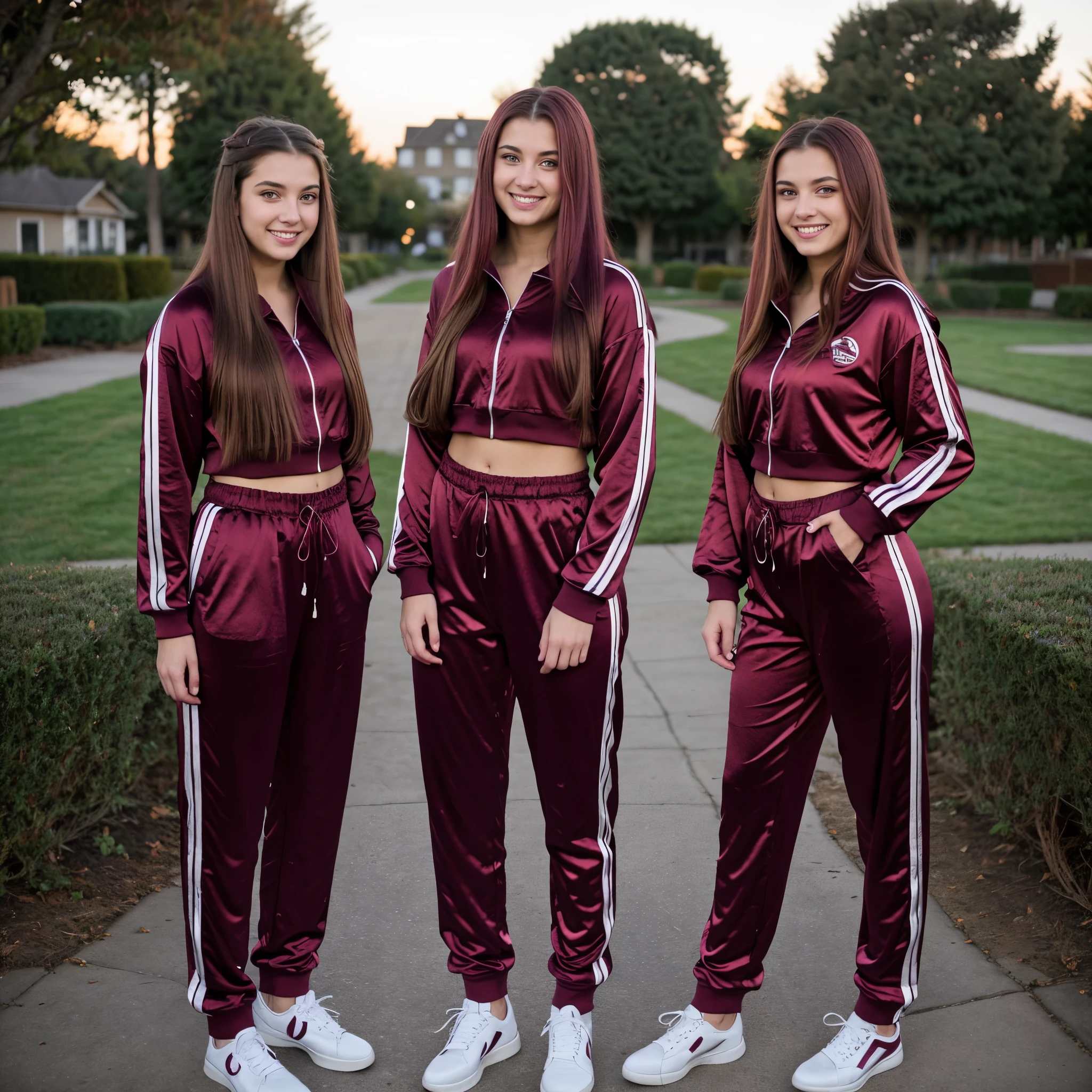 two beautiful young 21 year old women, hands on hips, beautiful eyes, pretty face, detailed eyes, perfect eyes, (long flowing hair, mix of hair styles), (mix of hair colors), (burgundy shiny satin tracksuits with stripes), smiling, looking into camera, low light, neighborhood yard in background