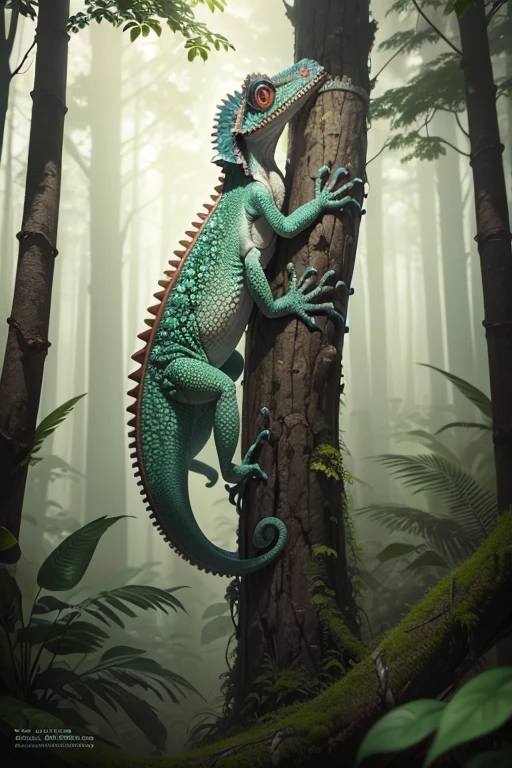 monster　chameleon　Length２meter　Blends in with the surrounding scenery and is difficult to see　on the tree　in the deep forest