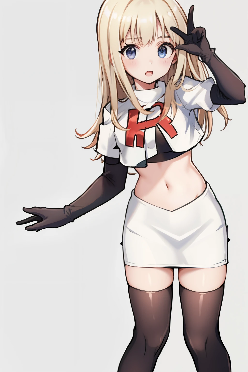 black bow, team rocket,team rocket uniform,white skirt,crop top,black thigh-highs,black elbow gloves,