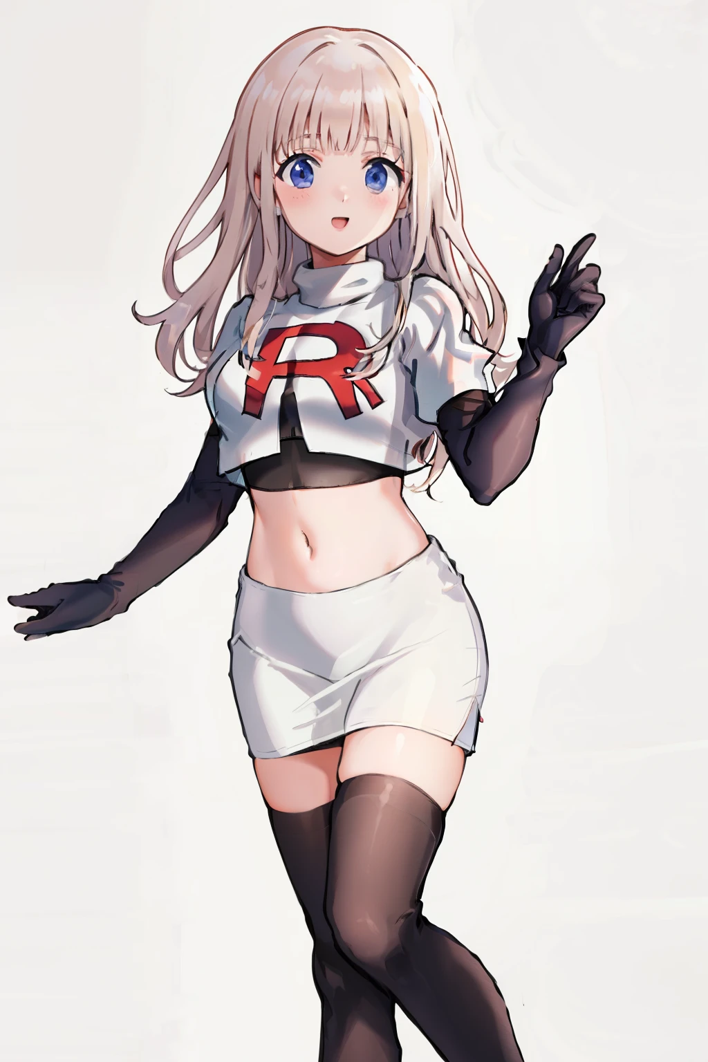 black bow, team rocket,team rocket uniform,white skirt,crop top,black thigh-highs,black elbow gloves,