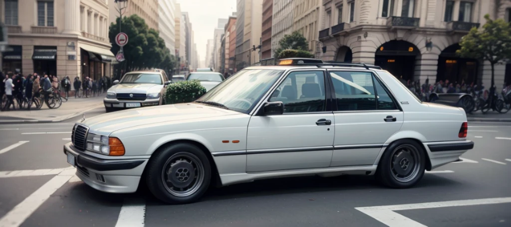 dramatic car chase scene featuring a Mercedes-Benz W124 and a BMW E34, inspired by the adrenaline-pumping sequences from the 1998 film Taxi written by Luc Besson