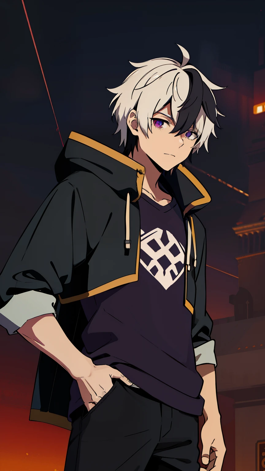 (high-quality, breathtaking),(expressive eyes, perfect face) 1male, male , solo, teenager, short hair length, wavy curly hair, messy hair, white and black hair color, multicolored hair, deep purple eye color, background, music, mature, haunting twilight background, armor, slightly narrow eyes, hooded jacket, shirt, pants, spy x family art style
