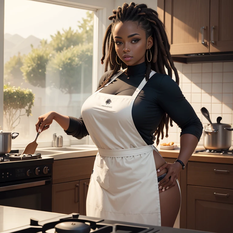 Dark-skinned_female, apron, poitrine, gros seins, voluptueux, cuisses épaisses, hanches larges, gros cul, cul massif, dreadlocks, Haute résolution, regarder la visionneuse, poser sexuellement, kitchen, Regard séduisant, cooking
