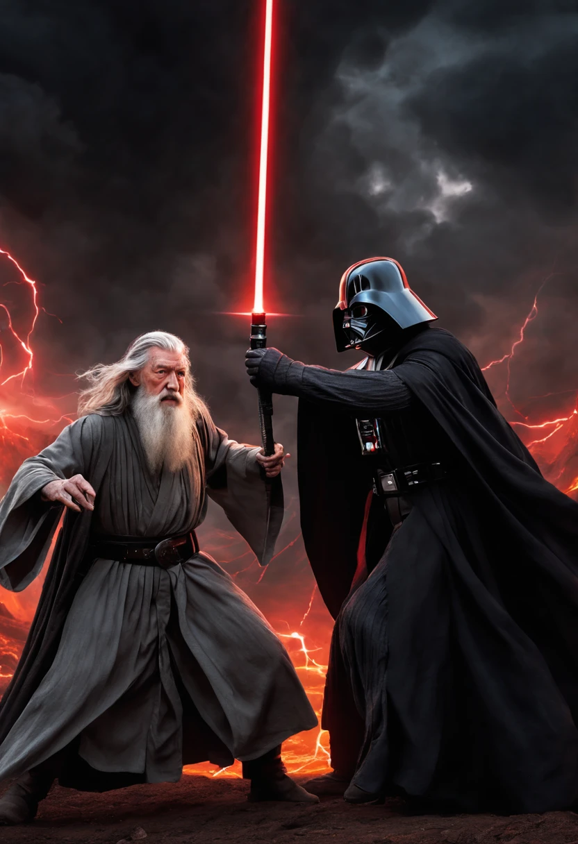 The magician Gandalf with a staff in his hands fights Darth Vader in the vastness of Mordor, Gandalf has a magic staff with lightning bolts., Darth Vader uses a red lightsaber, in the background you can see a tower with the Eye of Sauron, high detail, Gandalf has a concentrated expression on his face., Emphasis on faces,  Very cinematic