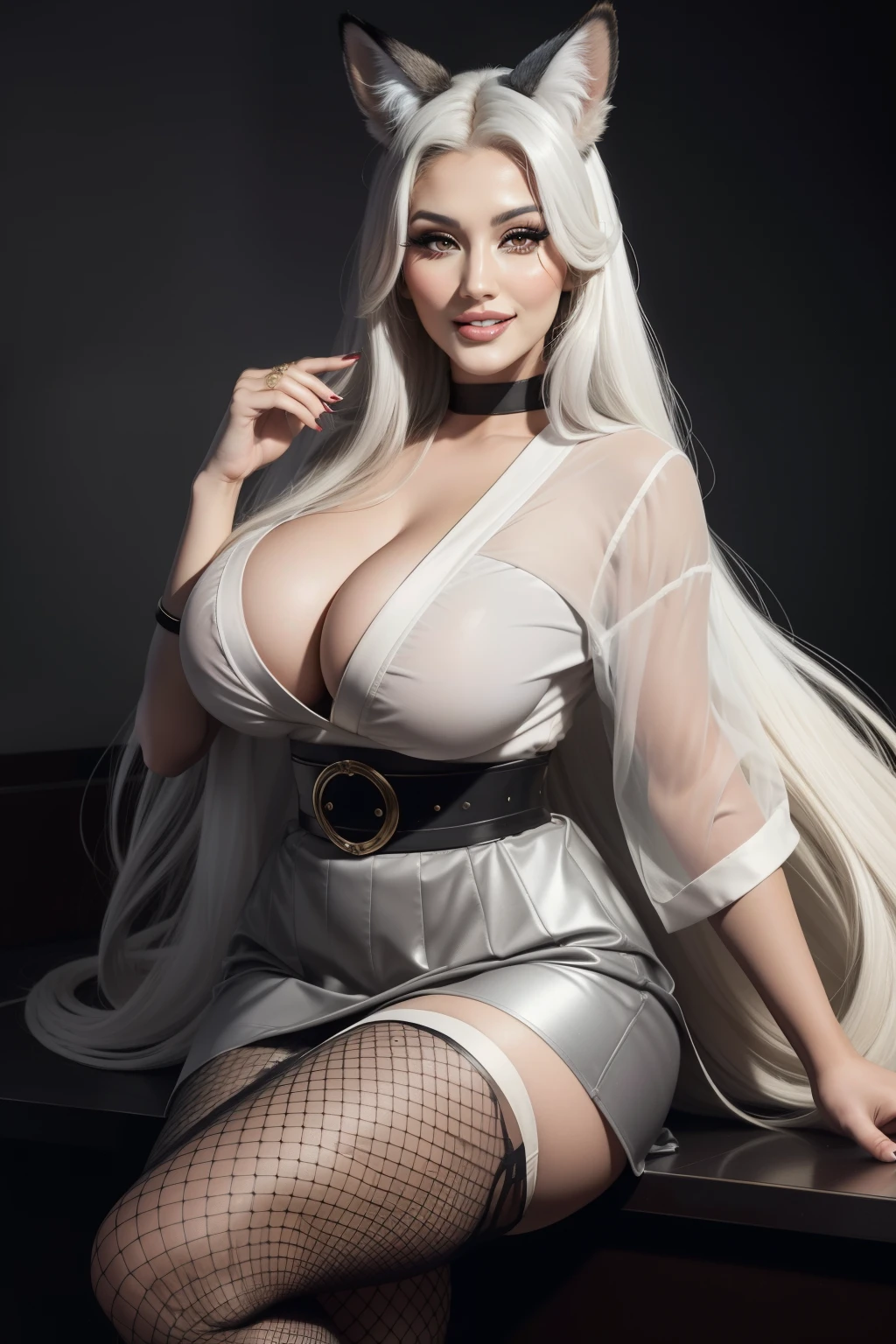 Lucy Pinder, face portrait, ((very intense makeup)), Geisha, sexy woman, voluptuous woman, smiling, Adele, long hair, white hair, fox ears, gray blouse, belt, gray skirt, fishnet pantyhose, armor complete, smiling