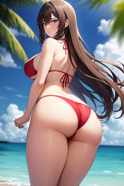 White woman in a red bikini, brown hair blue eyes, long hair, big ass