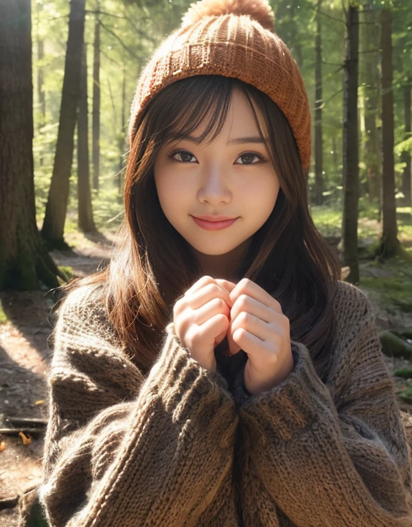 ((キャンプでのbonfire))、highest quality、masterpiece、Super high resolution、(Photoreal:1.4)、RAW photo、1 girl、Outdoor Fashion、glowing skin、Knitted hats、(beautiful forest background)、((Super realistic details))、Portrait、global illumination、Shadow、octane rendering、8K、super sharp、intricate decorative details、Japan details、very intricate details、realistic light、CG Society Trends、shining eyes、towards the camera、smile、(bonfire)、(Knitted Socks)、(perfect hands)