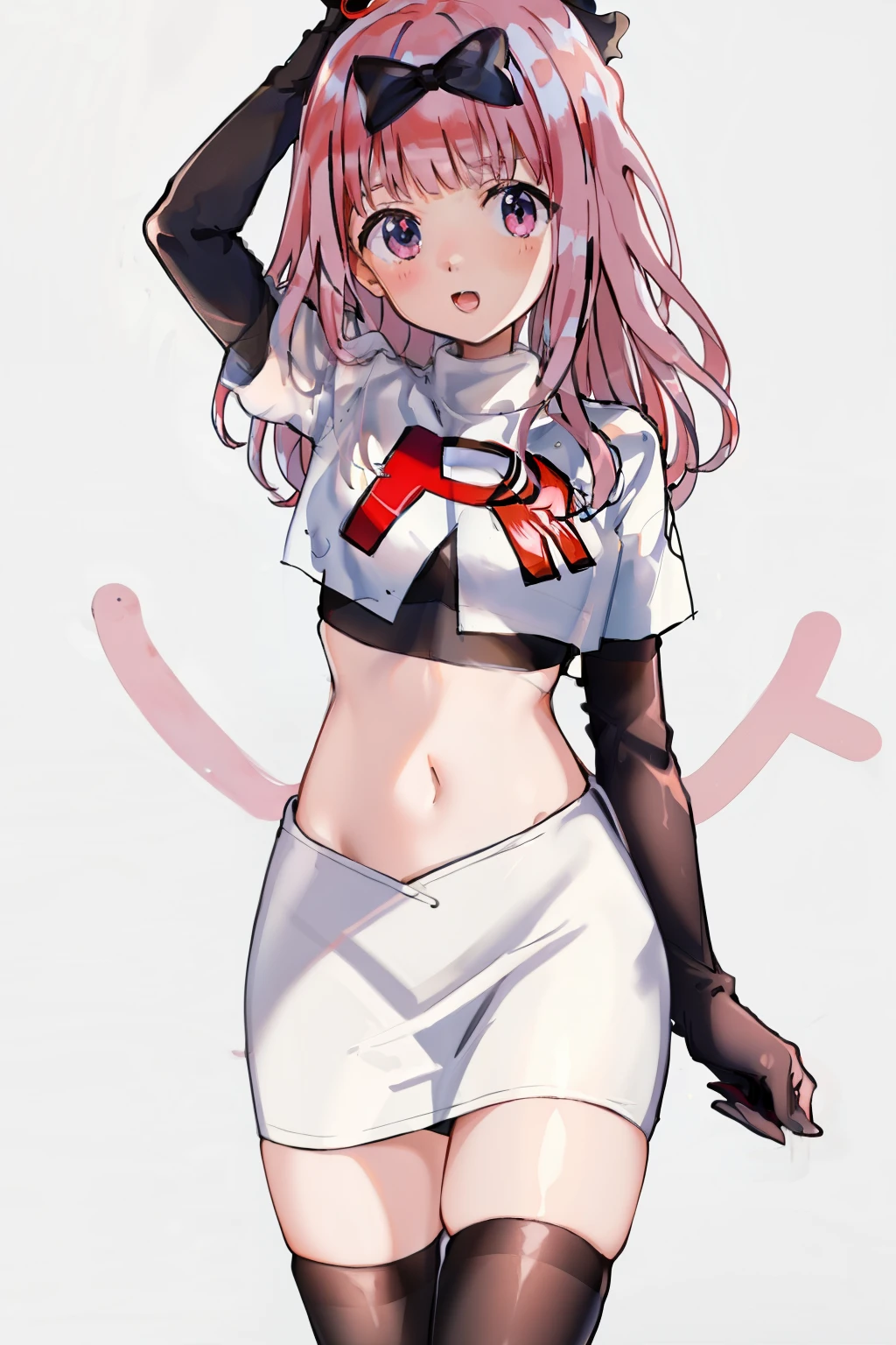 black bow on head, pink hair, team rocket,team rocket uniform,white skirt,crop top,black thigh-highs,black elbow gloves,