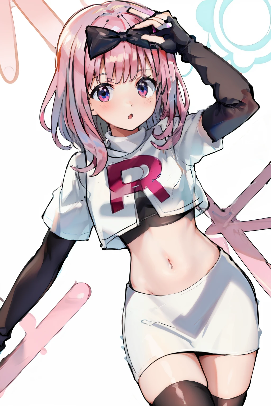 black bow on head, pink hair, team rocket,team rocket uniform,white skirt,crop top,black thigh-highs,black elbow gloves,