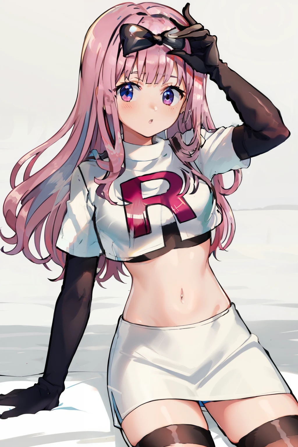 black bow on head, pink hair, team rocket,team rocket uniform,white skirt,crop top,black thigh-highs,black elbow gloves,