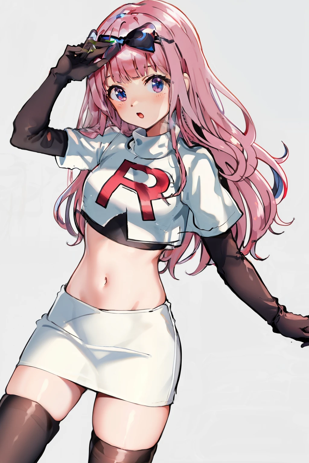 black bow on head, pink hair, team rocket,team rocket uniform,white skirt,crop top,black thigh-highs,black elbow gloves,