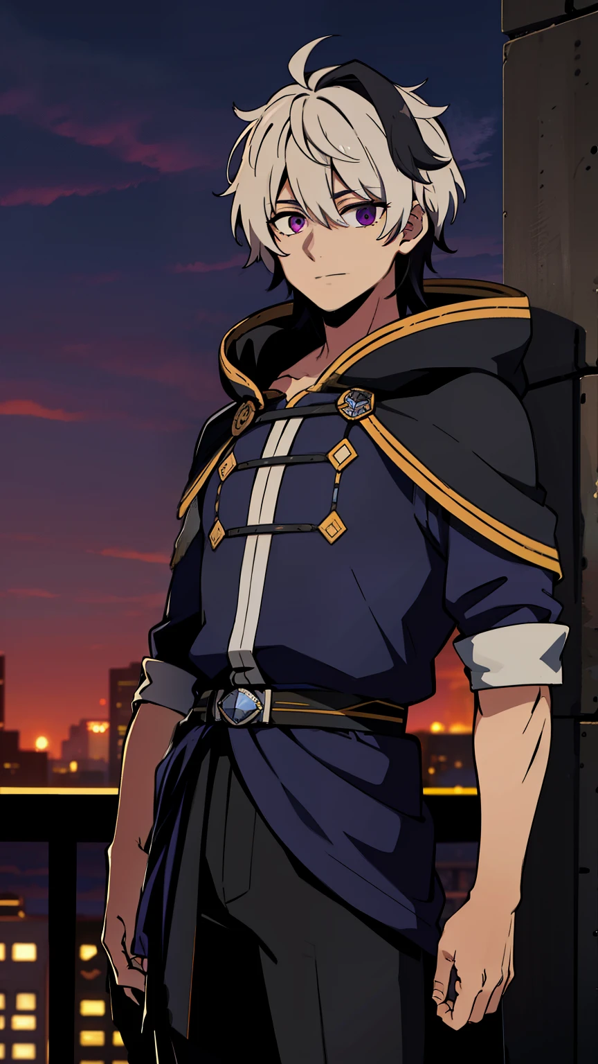 (high-quality, breathtaking),(expressive eyes, perfect face) 1male, male , solo, teenager, short hair length, wavy curly hair, messy hair, white and black hair color, multicolored hair, deep purple eye color, background, music, mature, haunting twilight background, armor, slightly narrow eyes, hooded jacket, shirt, pants, spy x family art style
