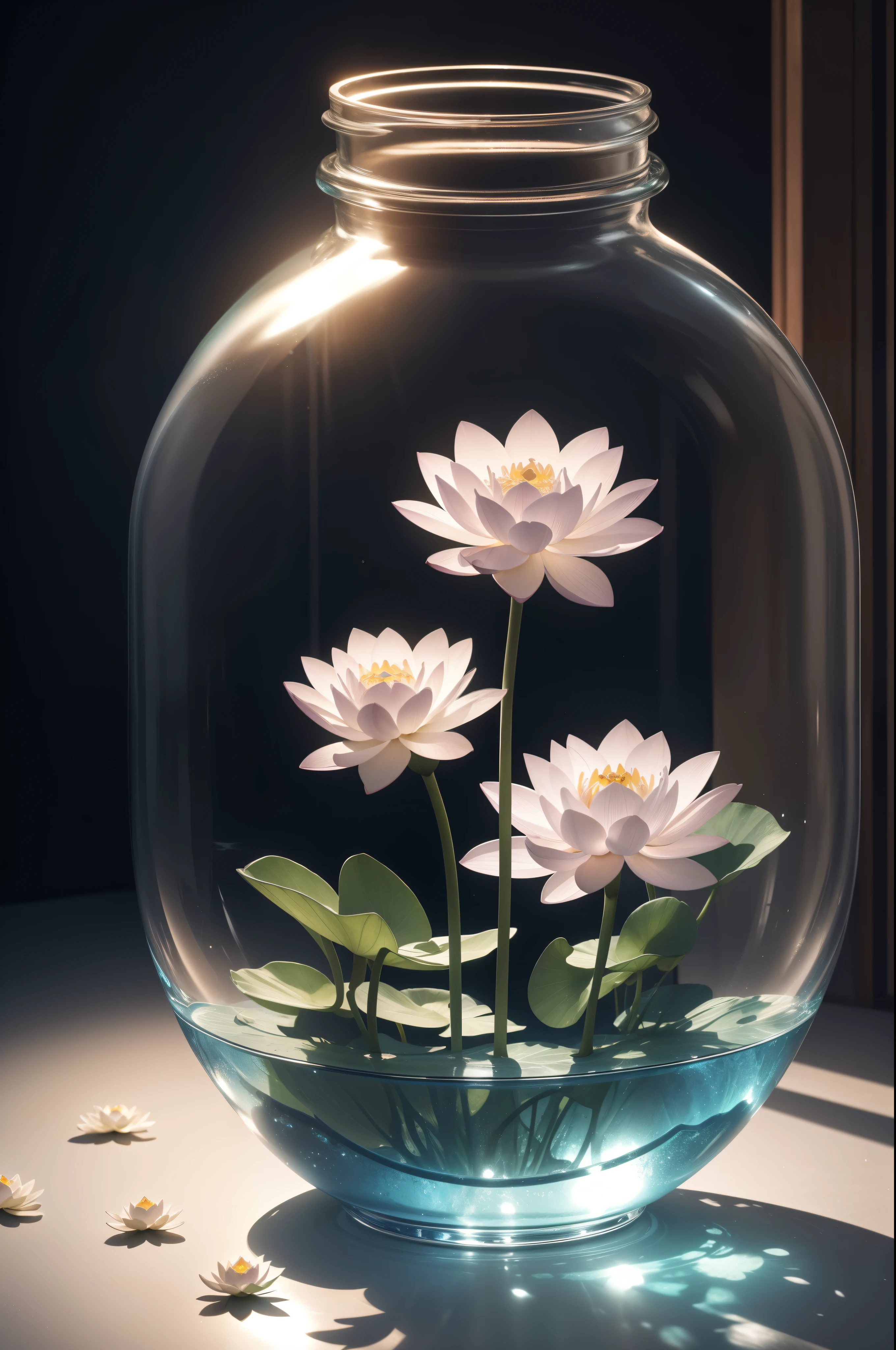 ((glass sculpture)), lotus flower (made of glass), ((soft lighting)), ((subsurface scattering)), backlight, ray tracing, (highly detailed and intricate)