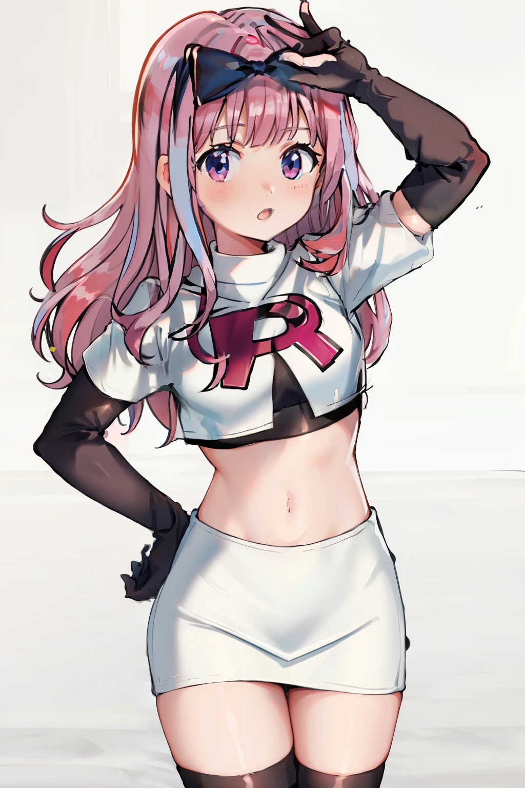 black bow on head, pink hair, team rocket,team rocket uniform,white skirt,crop top,black thigh-highs,black elbow gloves,