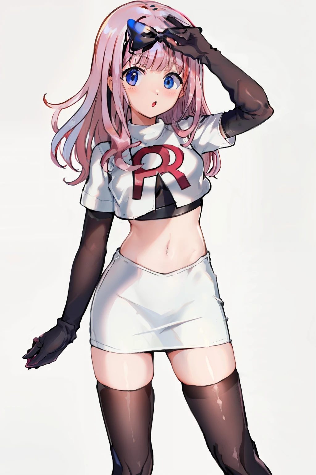black bow on head, pink hair, team rocket,team rocket uniform,white skirt,crop top,black thigh-highs,black elbow gloves,