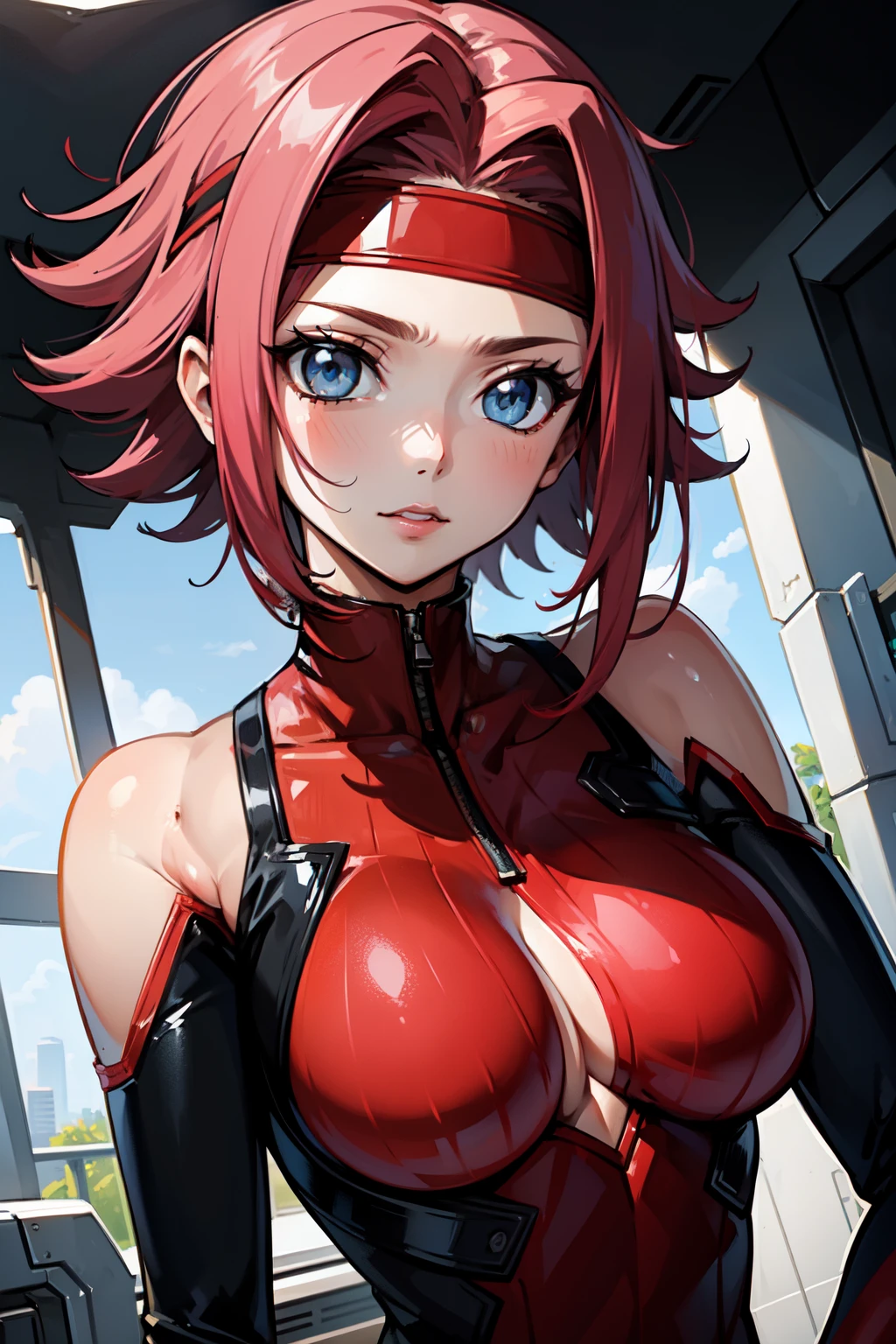 (masterpiece, best quality, ultra-detailed), KallenStadfeld, blue eyes, pink hair, spiky hair, hair intakes, (red headband:1.2), (red bodysuit:1.2), (portrait shot, upper body), looking at viewer