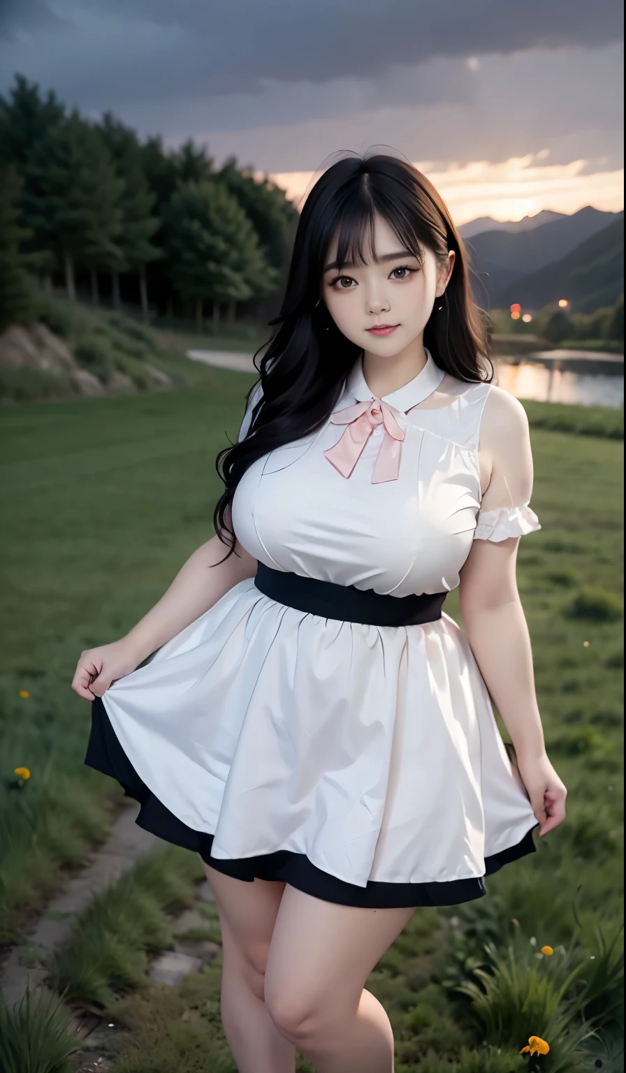 A beautiful beauty, long black hair, big eyes, round face, dress, tight purple skirt, sneakers , slightly fat, plump and sexy, delicate facial features, on the grassy hillside, black grass and words, dark sky and dark clouds, HD, high quality, the best picture quality