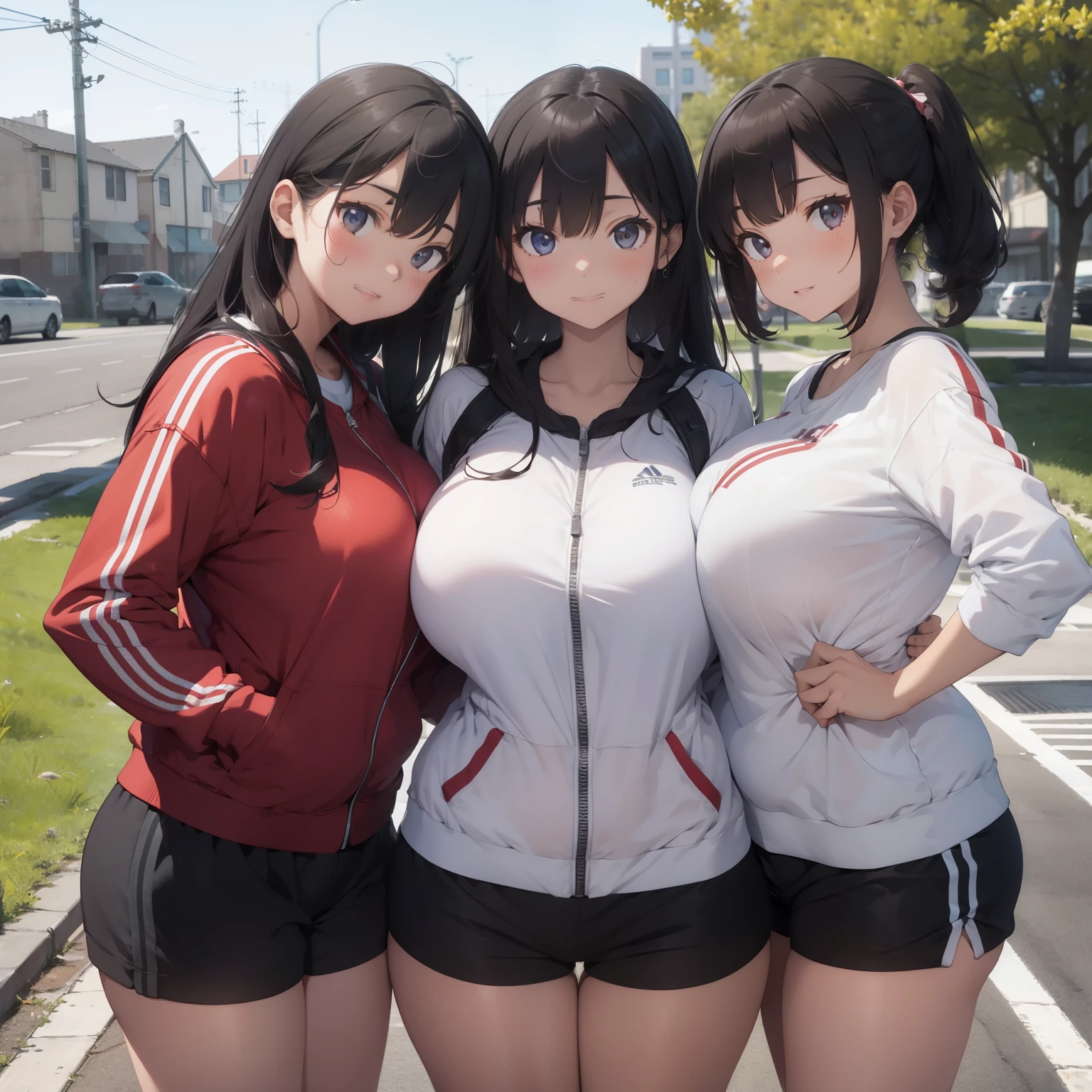 masterpiece, best quality, 3girls, track suit, outdoors, shorts, ((huge breasts, thick thighs)),