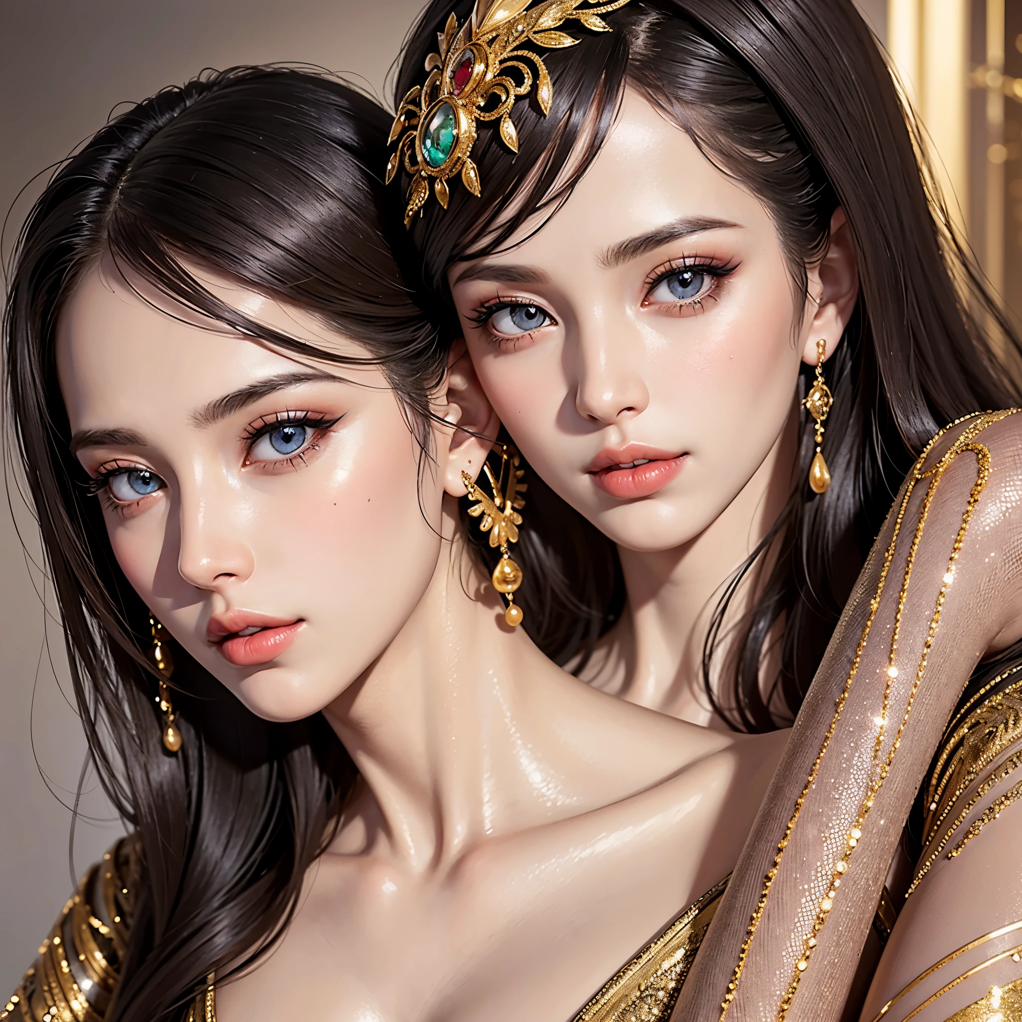 beautiful detailed eyes, beautiful detailed lips, extremely detailed facial features, glamorous makeup, elegant posture, fashionable clothing, high-heeled shoes, confident expression, professional studio lighting, vibrant colors, high-resolution photo-realistic rendering, exquisite jewelry pieces, luxurious background scenery.
