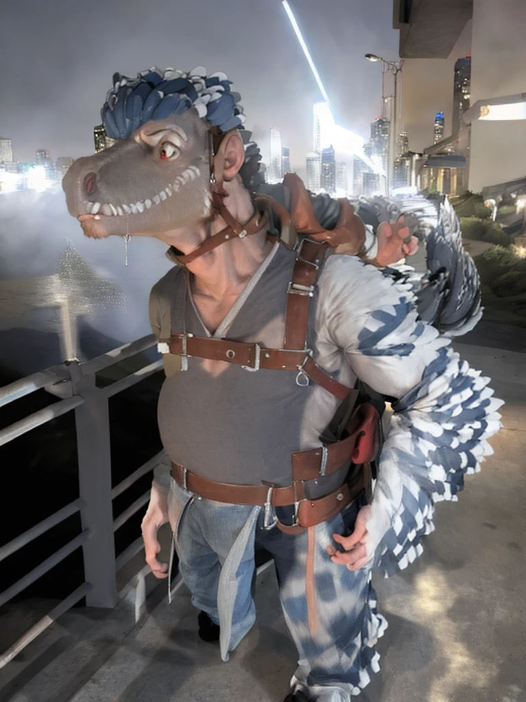 Ultra high resolution, best quality, masterpiece, extremely detailed raw photograph, close-up,  (half transformation), human shiny smooth red black polyvinyl deinonychus velociraptor mount inflatable rubber fursuit hybridization metamorphosis, wearing saddle bridle and harness, standing by a pier railing at night, (half human:1.3), (red:1.9) (blue-gray:1.5) (white:1.1) (striped:1.2) (spotted:1.1), ((liquid polyvinyl goo partial dripping encasement)), human feathered polyvinyl dinosaur raptor inflatable rubber fursuit hybrid mount, zipper open,  plastic handlebars, air valve nozzle