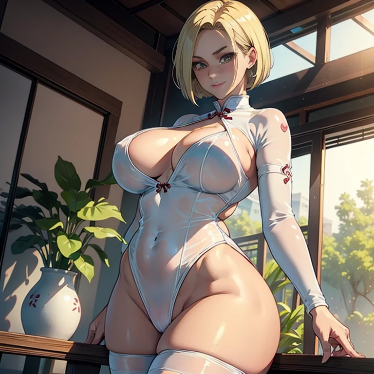 ((Android 18)),((Blushing smile)),(standing on tatami),((mature female)),Thick body,((Solo)),(((completely naked))),(((white see-through cheongsam))),((dark puffy areola)), ((huge breasts)),((female public_hair)),(((dark cameltoe))),in ryokan,A MILF,trending on artstationh,intricate face details,(Curvy physique), vibrant, 4K, 12k resolution
