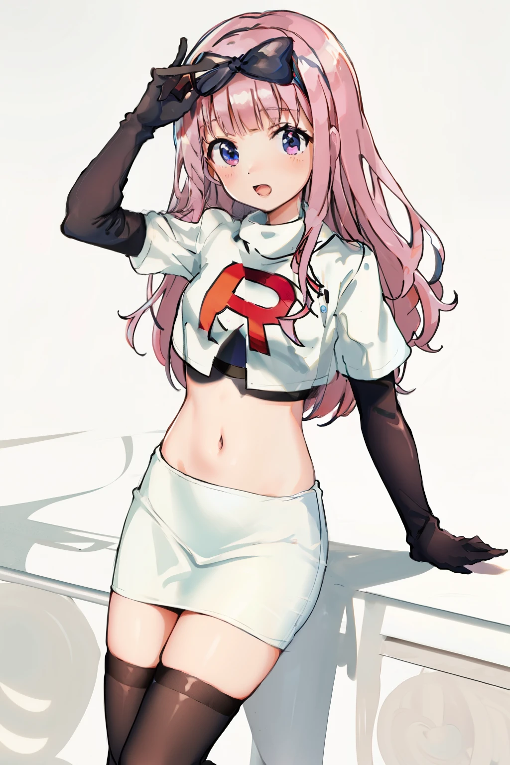 black bow on head, pink hair, team rocket,team rocket uniform,white skirt,crop top,black thigh-highs,black elbow gloves,