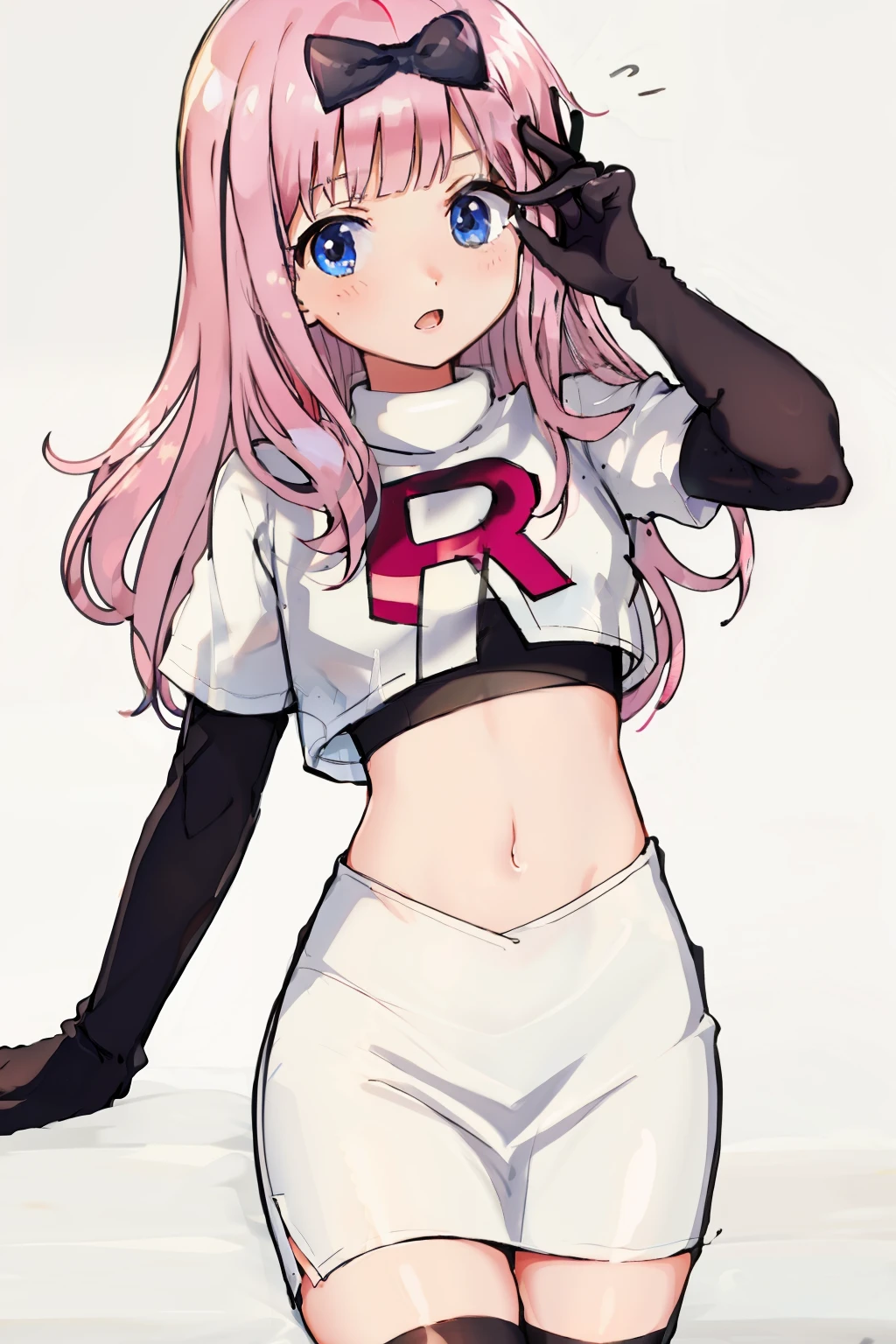 black bow on head, pink hair, team rocket,team rocket uniform,white skirt,crop top,black thigh-highs,black elbow gloves,