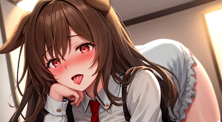 One girl with long hair, brown_hair, looking away, embarrassed, blushing, mouth small open, indoor, maid, maid costume, thigh, necktie, hands on own face, ear blush, covering face, mature female, close up, animal_ears, long_hair, dog_ears, brown_hair, bangs, red_eyes, dog_girl, open_mouth, breasts, blush, hair_between_eyes, very_long_hair, open_mouth, tongue, tongue_out