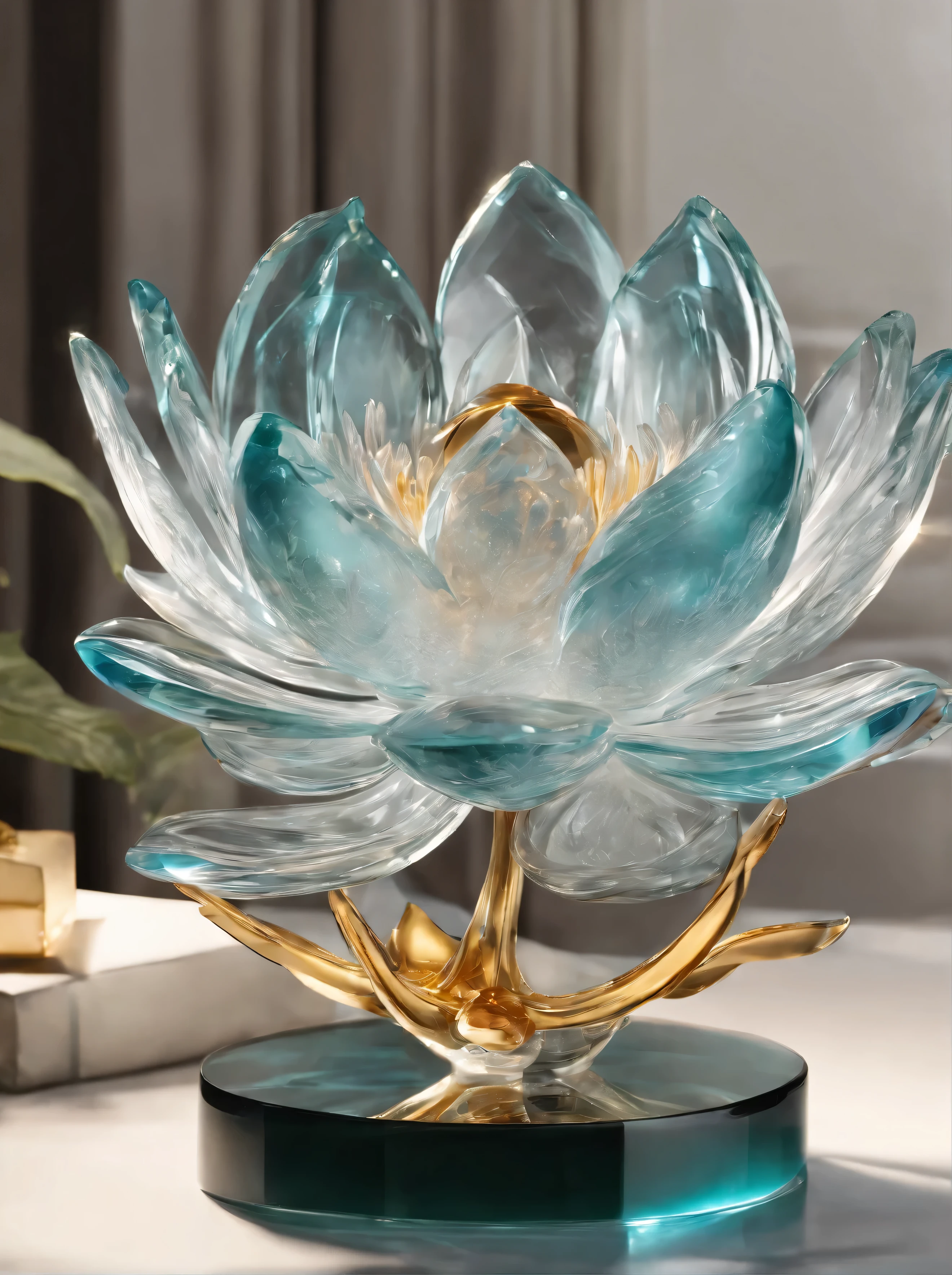 ((glass sculpture)), lotus flower (made of glass), ((soft lighting)), ((subsurface scattering)), backlight, ray tracing, (highly detailed and intricate)