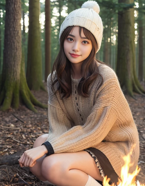 ((キャンプでのbonfire))、highest quality、masterpiece、Super high resolution、(Photoreal:1.4)、RAW photo、1 girl、Outdoor Fashion、glowing skin、Knitted hats、(beautiful forest background)、((Super realistic details))、Portrait、global illumination、Shadow、octane rendering、8K、super sharp、intricate decorative details、Japan details、very intricate details、realistic light、CG Society Trends、shining eyes、towards the camera、smile、(bonfire)、(Knitted Socks)