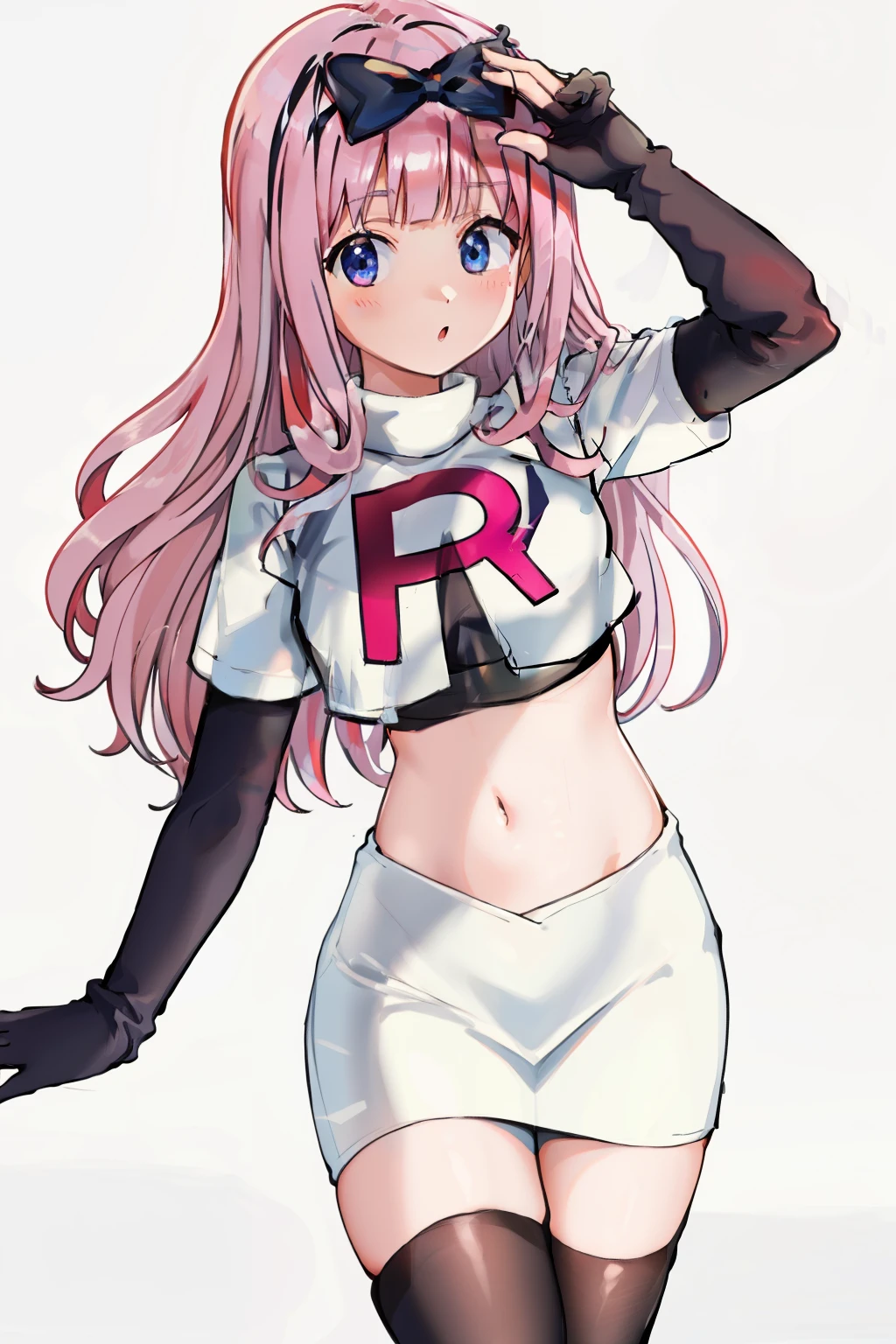 black bow on head, pink hair, team rocket,team rocket uniform,white skirt,crop top,black thigh-highs,black elbow gloves,