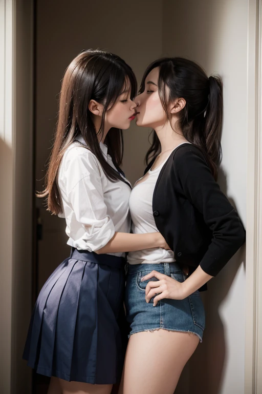 Two girls kiss while sitting on barstool cushion, tennis-wear, skirt, white panties