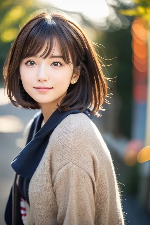 a close up of a woman with a brown sweater and a black scarf, with short hair, beautiful japanese girls face, girl cute-fine-face, japanese model, 奈良美智, with cute - fine - face, chiho, white hime cut hairstyle, with short hair with bangs, beautiful image, of a youthful japanese girl