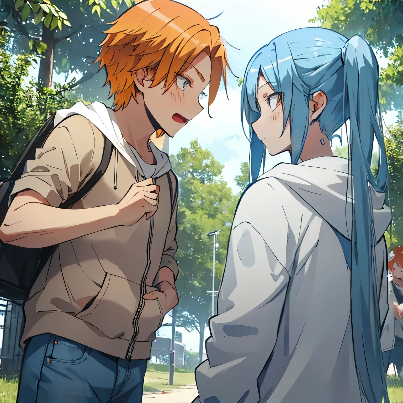 {{{The girl has light blue hair in twin tails, light blue eyes, a white T-shirt, a gray ZIP hoodie, jeans, and white sneakers.。The boy is Maebara_Hiroto has brown eyes, orange hair, and wears casual clothes.。}}}two people are a couple。