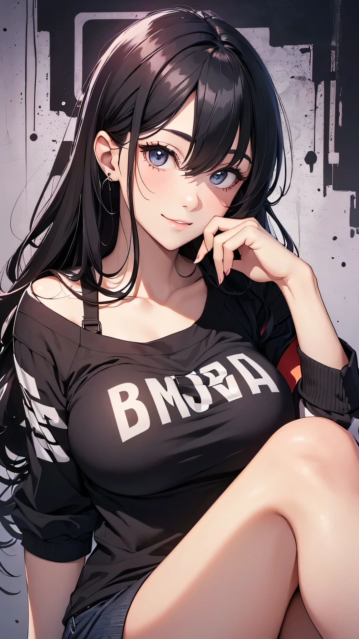 最high quality、best image quality、masterpiece、age girl((18-year-old、 By becoming、vest bust、medium bust,wide open breast tea、black eye, black hair、long hair、thin,highest valley、Torn black t-shirt、cute smile)),high quality、beautiful art、background((white wall)),debris flies、Depth of written boundary、movie、visual art、perfect art、8K,genuine