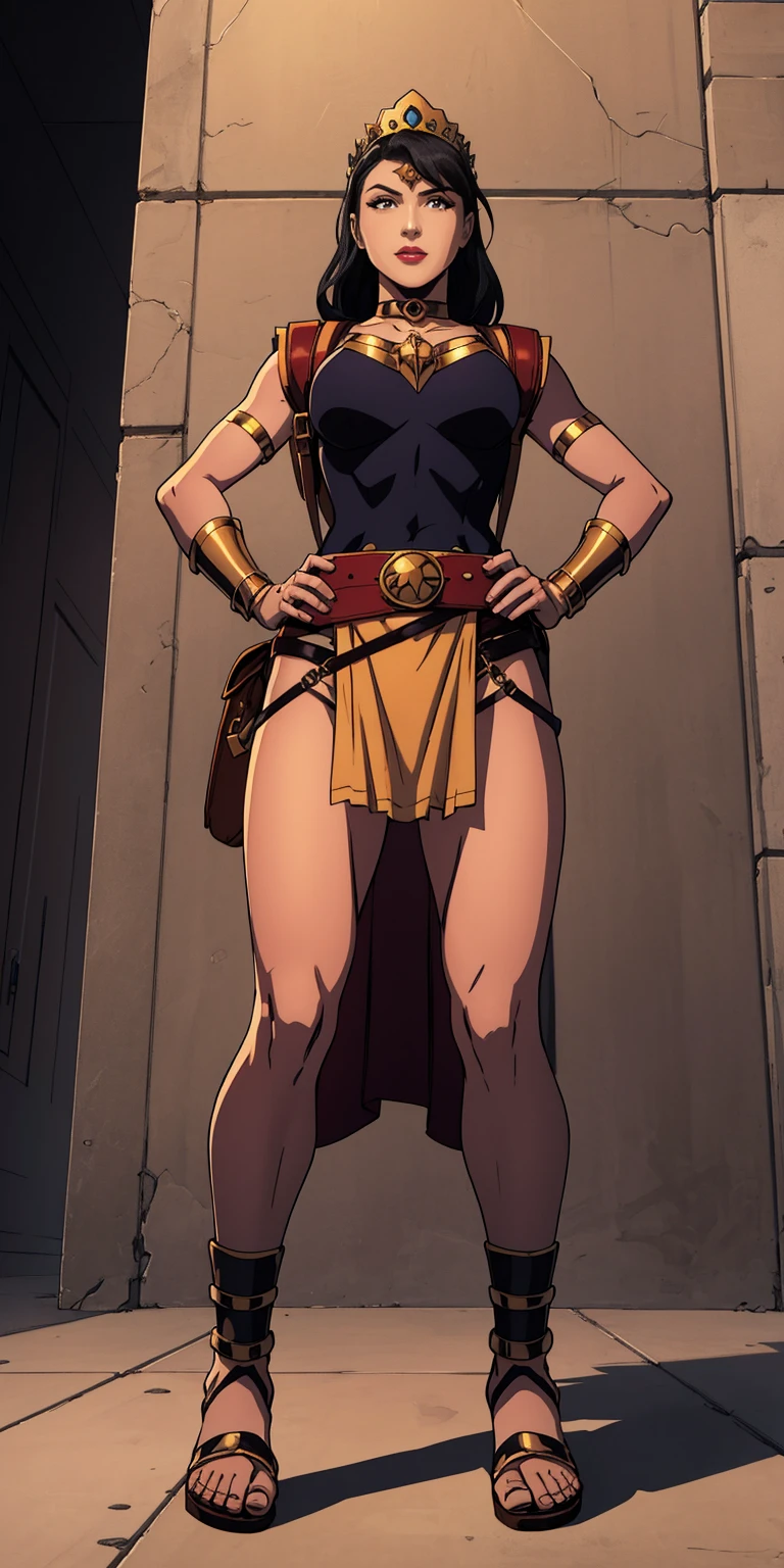 full body, whole body. 1solo (girl). slave fighter, loincloth standing, hands on hips full body, whole body. 1solo (girl). slave fighter, loincloth standing, hands on hips, metal sandals, backpack, choker, big belt, view from below, feet together, bracers, tiara