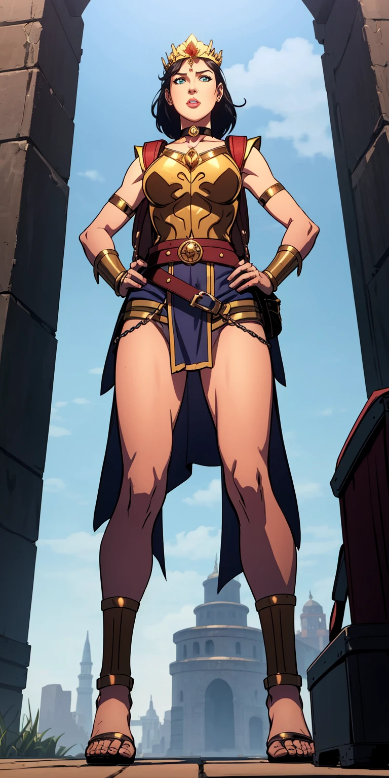 full body, whole body. 1solo (girl). slave fighter, loincloth standing, hands on hips full body, whole body. 1solo (girl). slave fighter, loincloth standing, hands on hips, metal sandals, backpack, choker, big belt, view from below, feet together, bracers, tiara