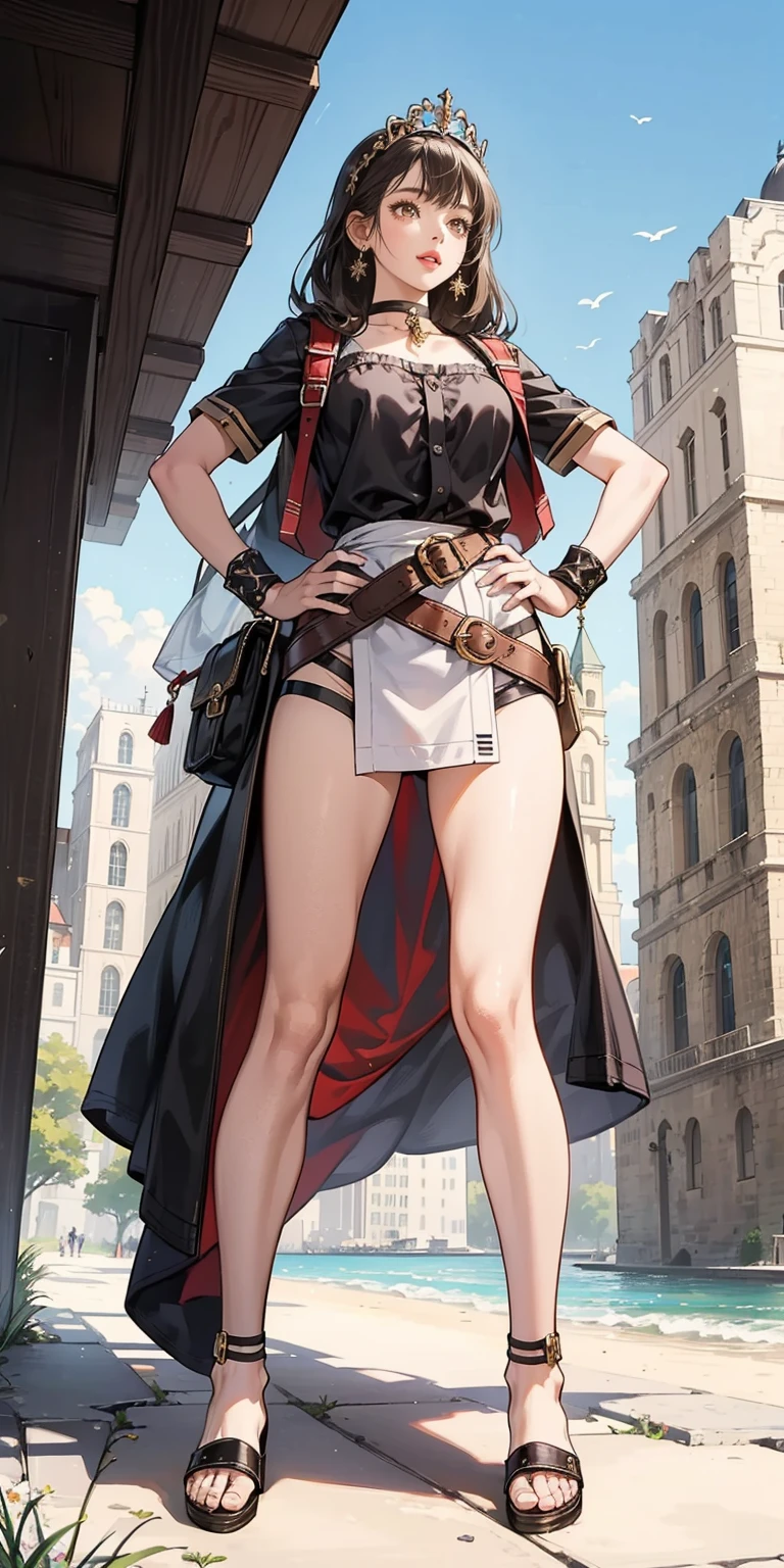 full body, whole body. 1solo (girl). slave fighter, loincloth standing, hands on hips full body, whole body. 1solo (girl). slave fighter, loincloth standing, hands on hips, metal sandals, backpack, choker, big belt, view from below, feet together, bracers, tiara

