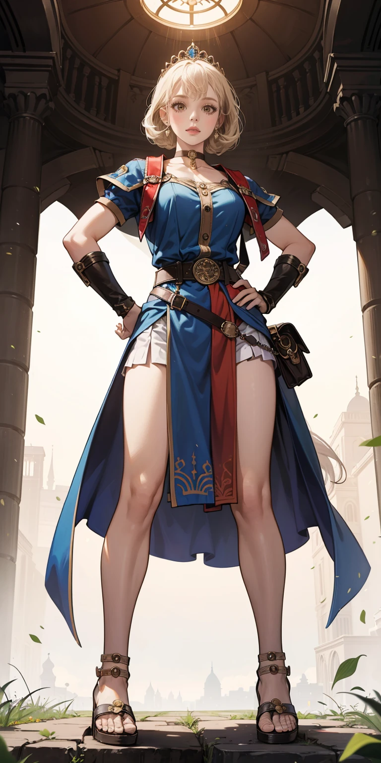 full body, whole body. 1solo (girl). slave fighter, loincloth standing, hands on hips full body, whole body. 1solo (girl). slave fighter, loincloth standing, hands on hips, metal sandals, backpack, choker, big belt, view from below, feet together, bracers, tiara
